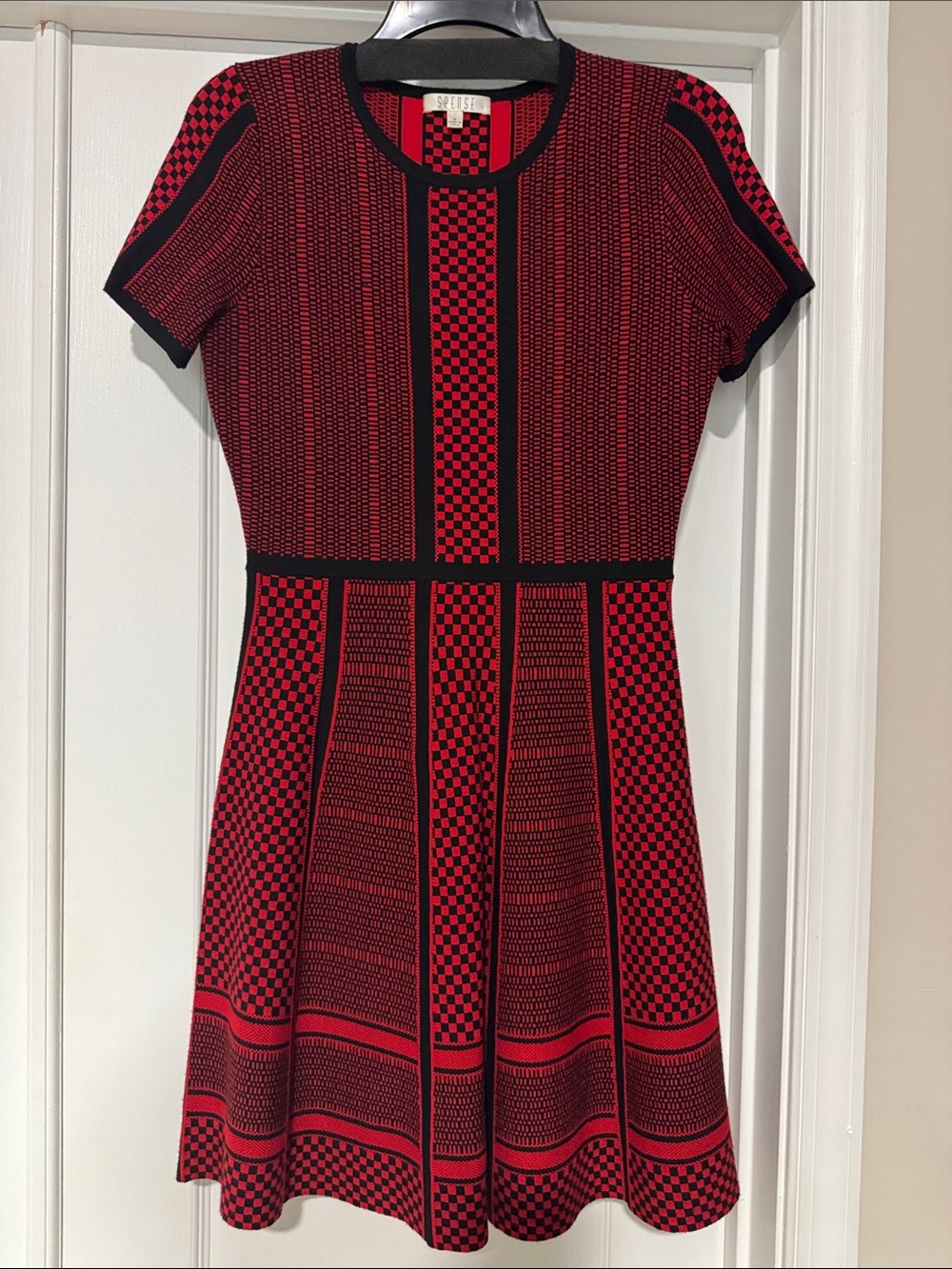 Spense Red and Black Patterned Fit-and-Flare Knit Dress